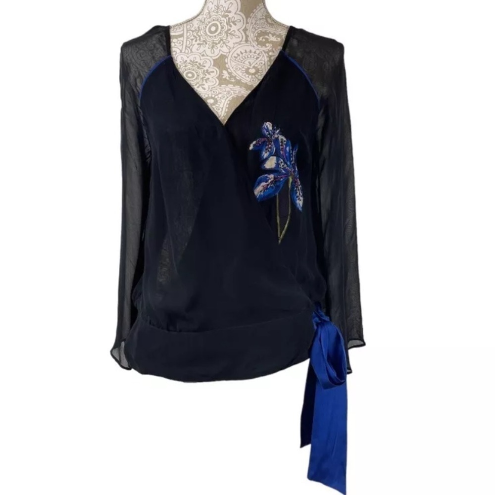 ANTHROPOLOGIE LEIFSDOTTIR NWT $198 Black Floral Sheer Tie Waist Beaded Wrap Top